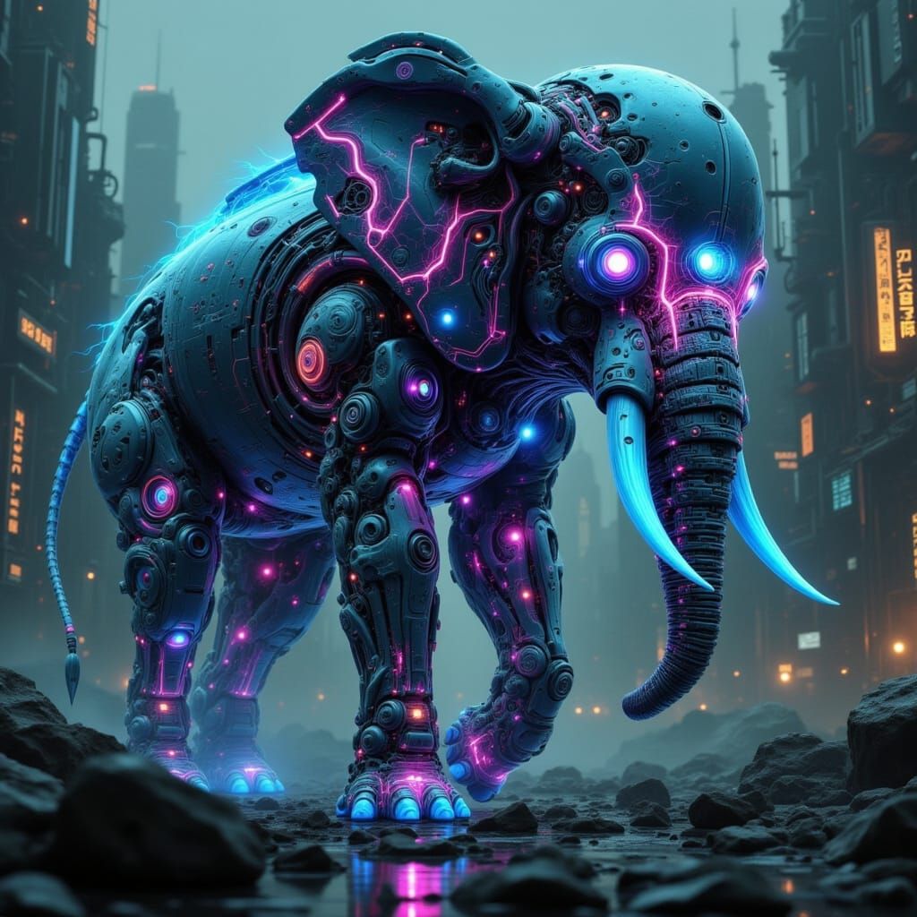 Neon Biomechanical Elephant in Cyberpunk Cityscape