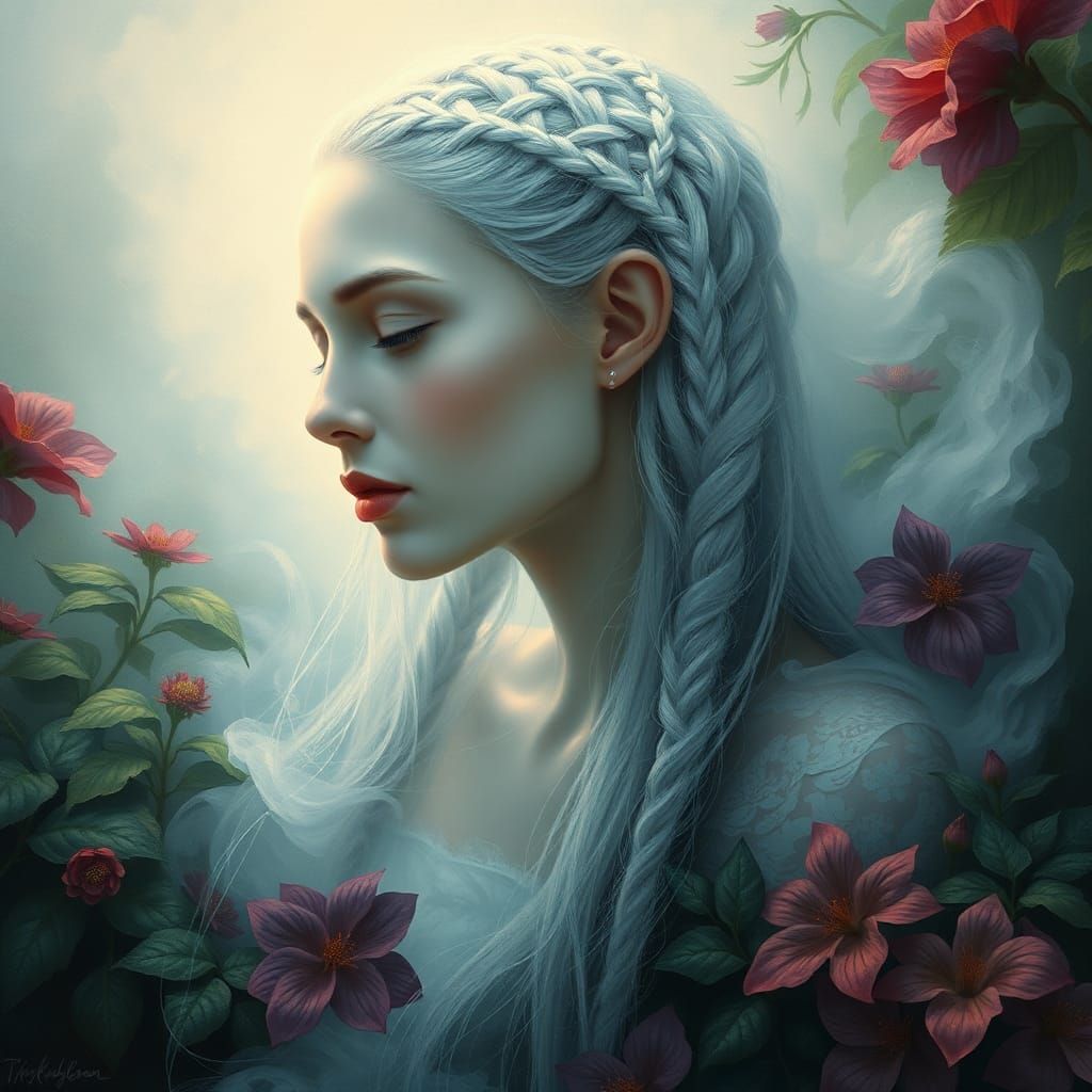 Ethereal Woman in Mystical Foliage, Dreamlike Art