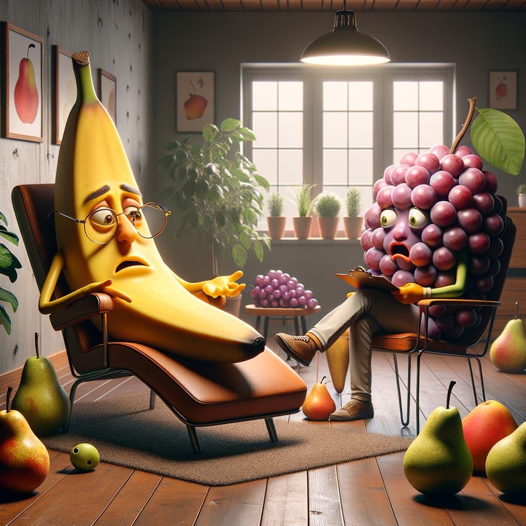 Fruit Therapy Session: Banana on Couch with Pear Therapist