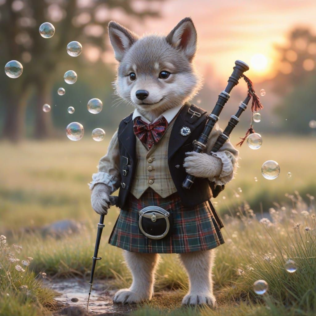 Dapper Wolf Cub Playing Bagpipes as Watercolor Painting