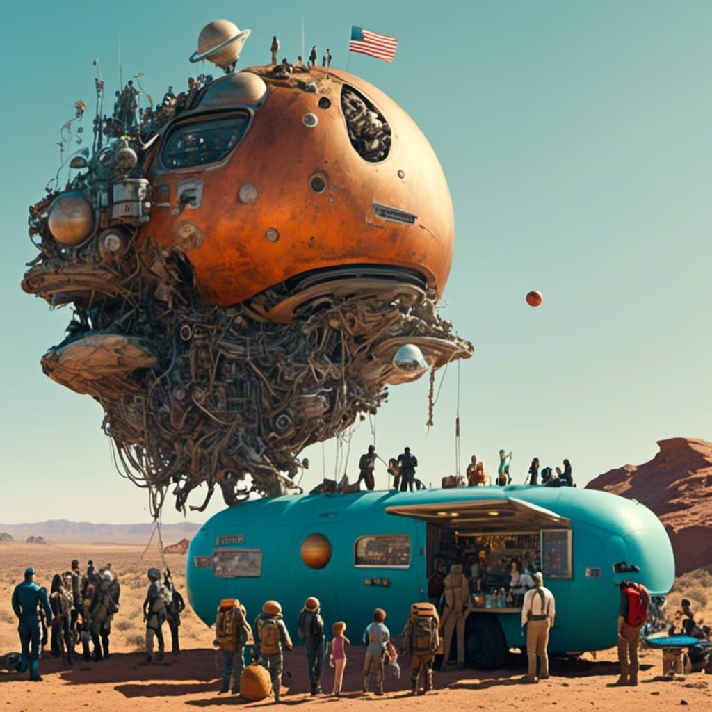 Futuristic Food Truck on Mars with Robots and Aliens