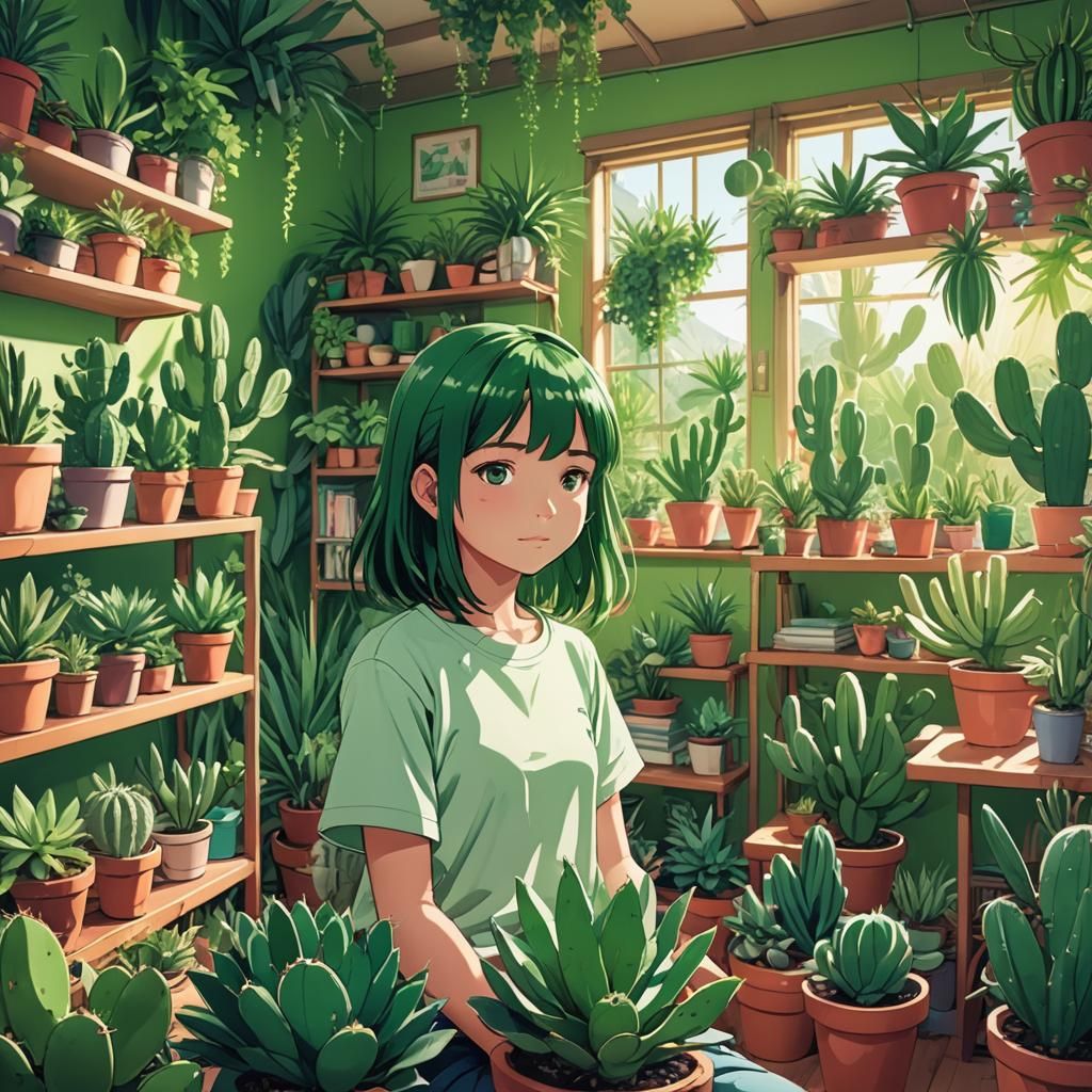 Anime Girl Surrounded by Plants in Vibrant Room