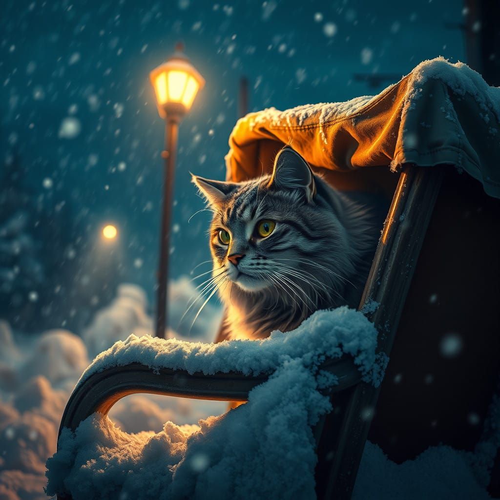 Grey Tabby Cat Emerges from Snowy Canadian Nighttime Scene