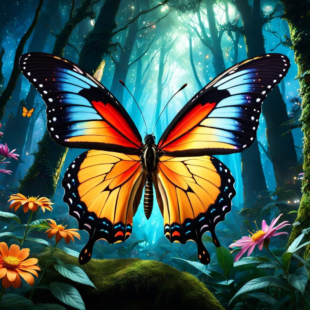 Enchanted Butterfly with Glowing Wings in Fantasy Forest