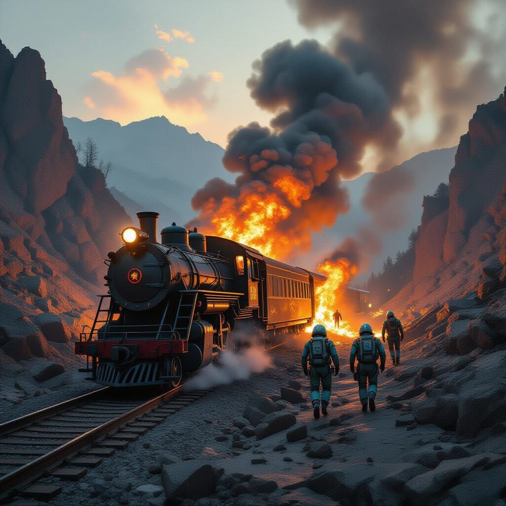 Derailed Train Wreckage Ablaze with Robots Fleeing