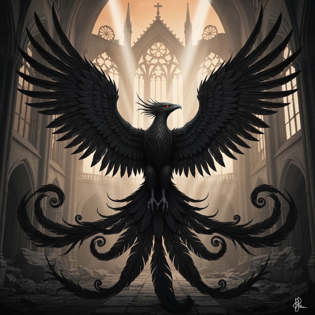 Gothic Phoenix with Massive Black Wings Spread Wide