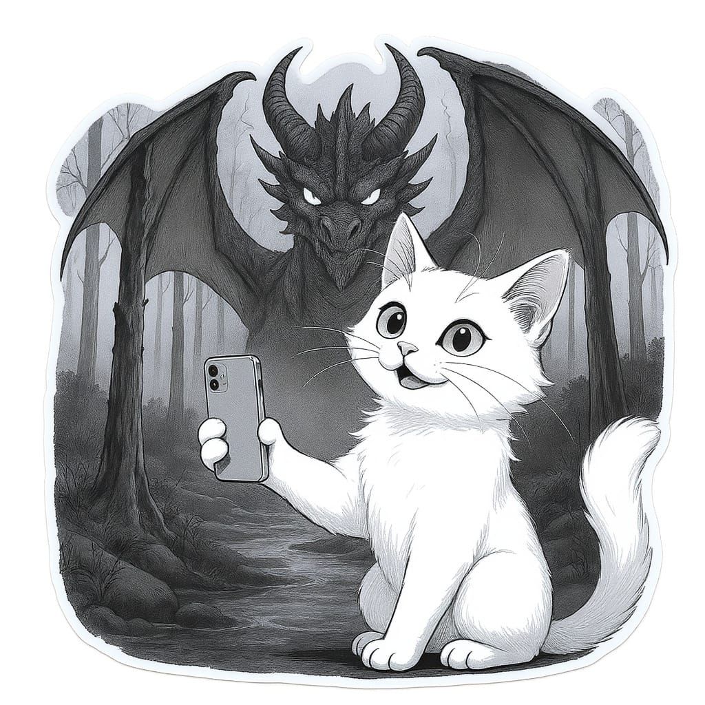 Playful Cat Takes Selfie with Dragon in Misty Forest