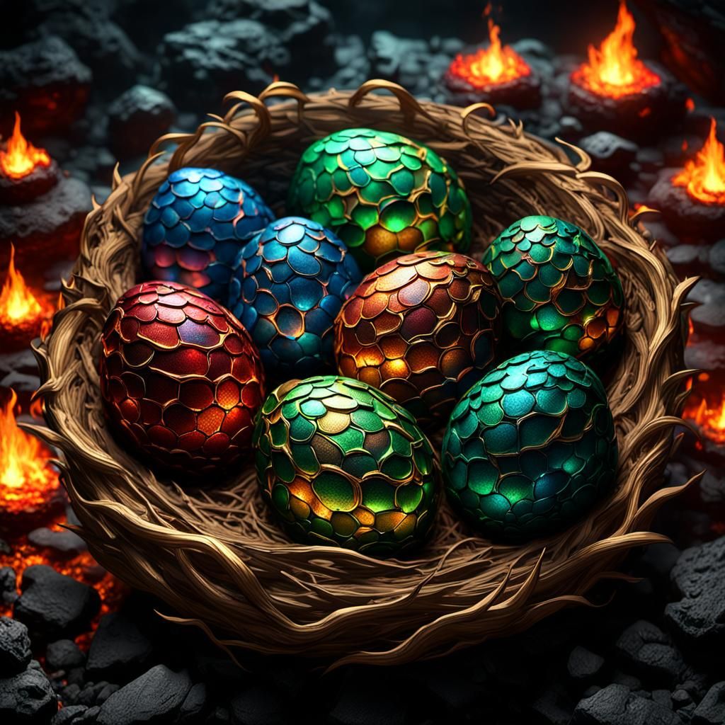 Intricately Patterned Dragon Eggs in Glowing Coals