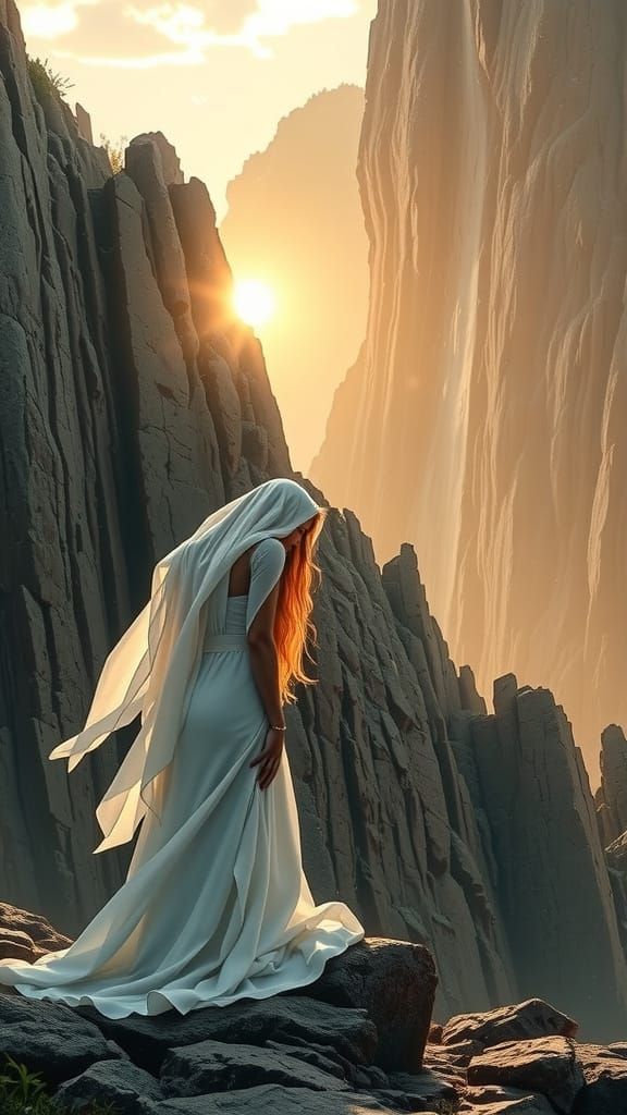 Serene Woman Kisses Ancient Mountain in Dreamy Dawn Light