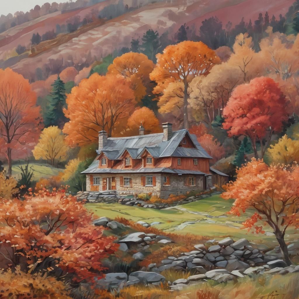 Cozy Stone House in Autumn, Watercolor Gouache Painting