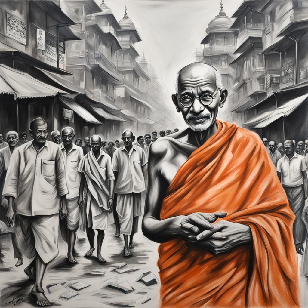 Mahatma Gandhi in Kolkata: Hyperdetailed Charcoal Drawing