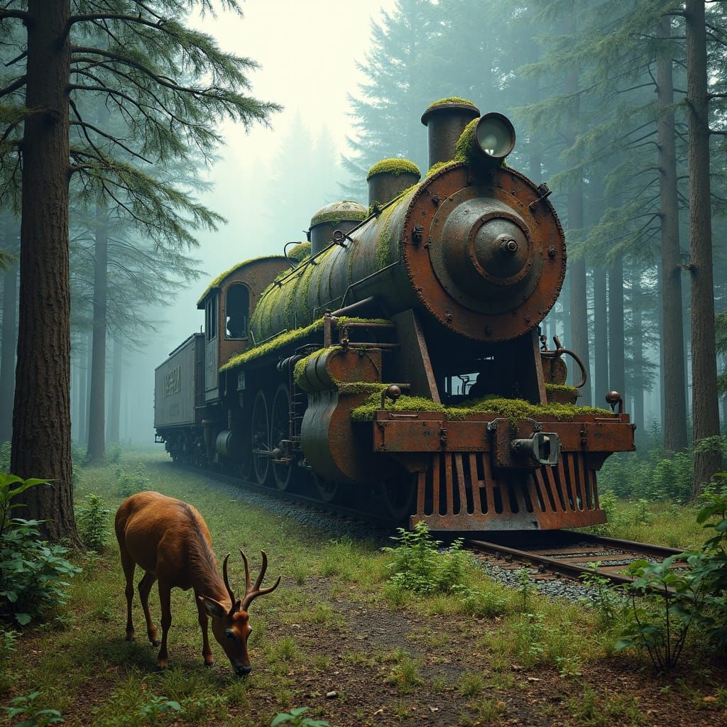 Rusted Locomotive in Douglas Fir Forest