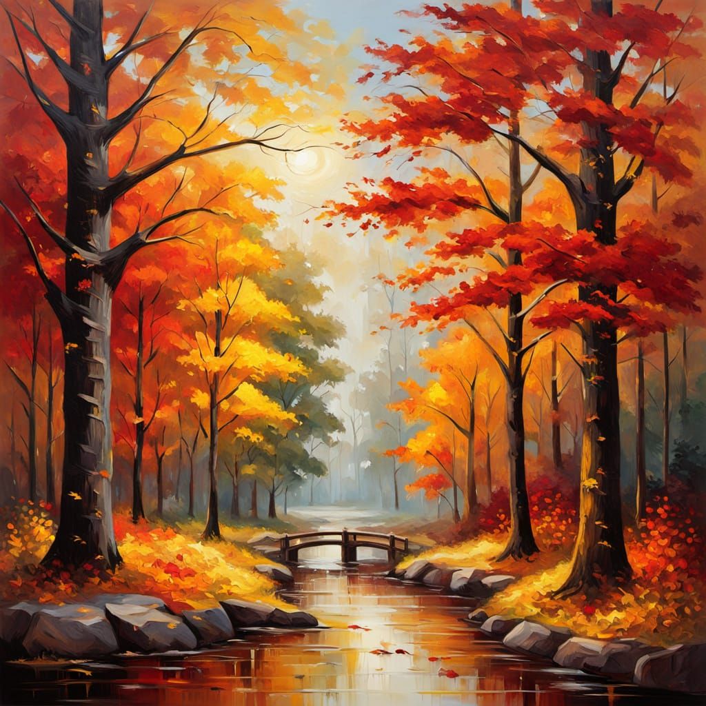 Autumn Park in Oil Painting with Thick Brushstrokes