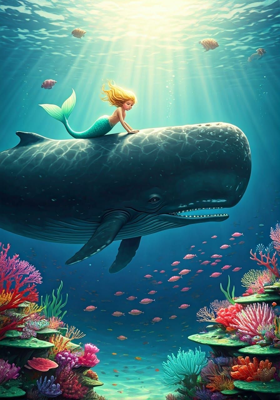 Majestic Mermaid and Sperm Whale in Sunlit Ocean
