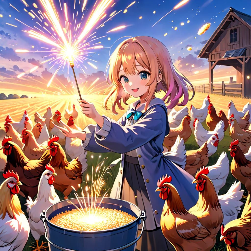 Magical Sunrise Farm Feeding Scene with Anime Art Style