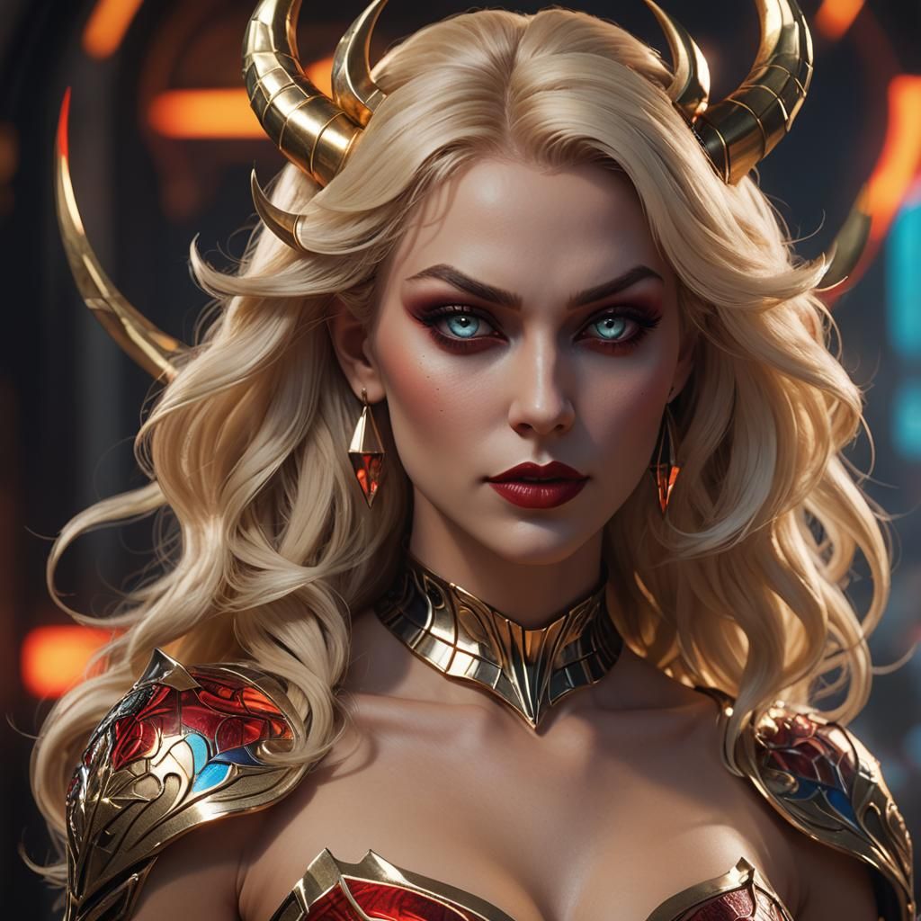 Blonde Demoness Portrait in Diabolic Futurism Style