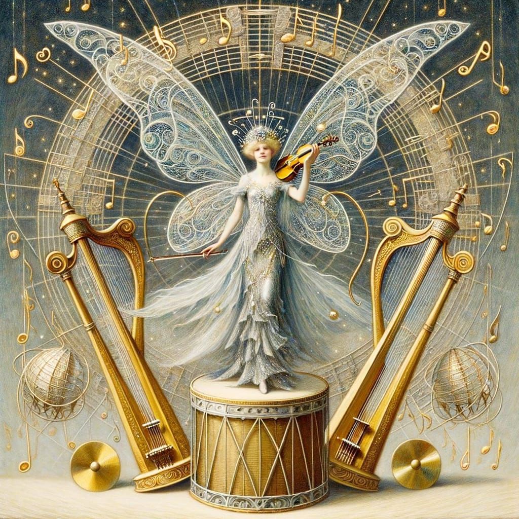 Musical Fairy with Harp Wings in Oil Painting