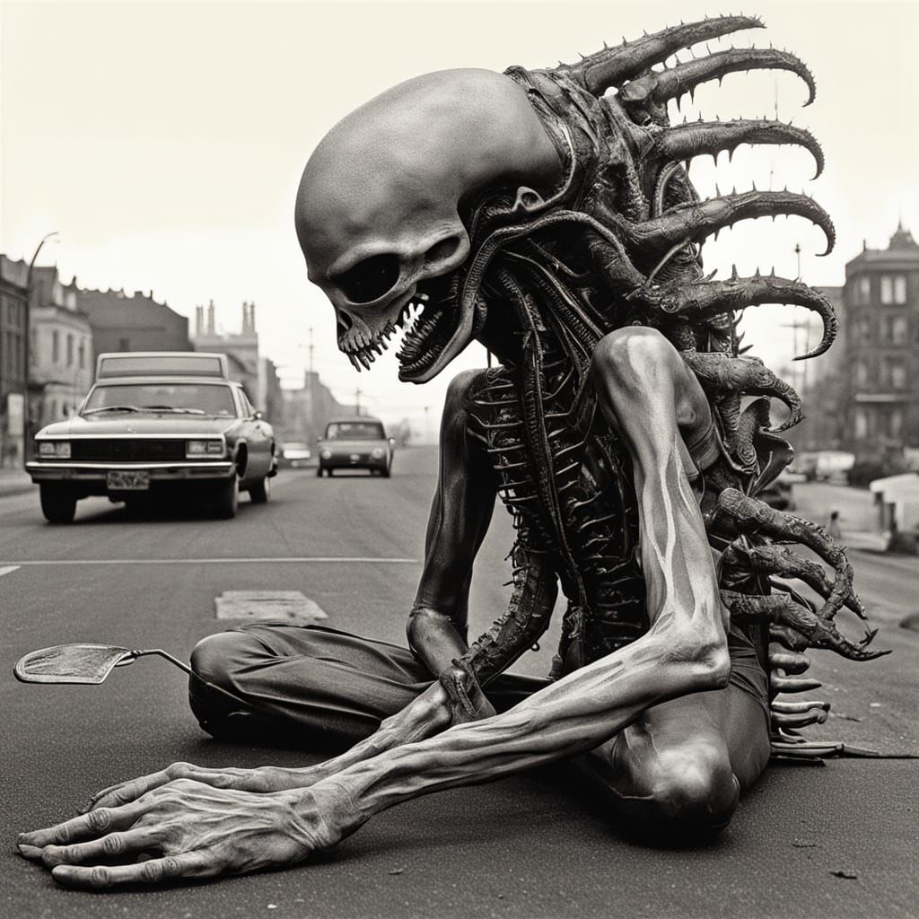 Surreal Fusion: Hummer, Baby, Insect in Dark Art Style