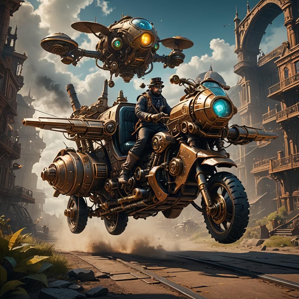 Steampunk Explorer on Hoverbike: Detailed Matte Painting