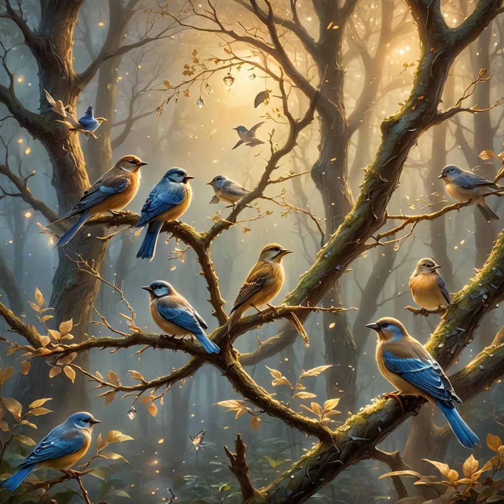 Ethereal Mother Bird Feeding with Gold and Diamonds