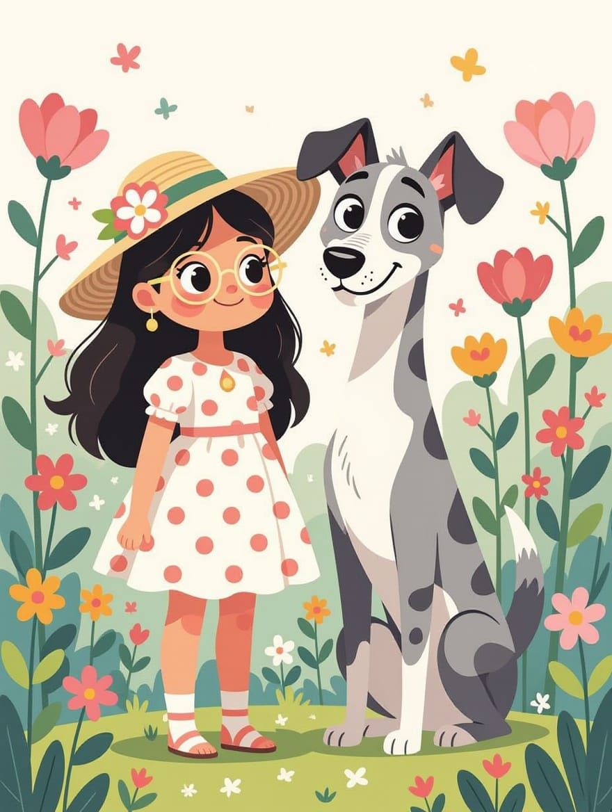 Stylish Girl and Striped Dog in Surreal Garden