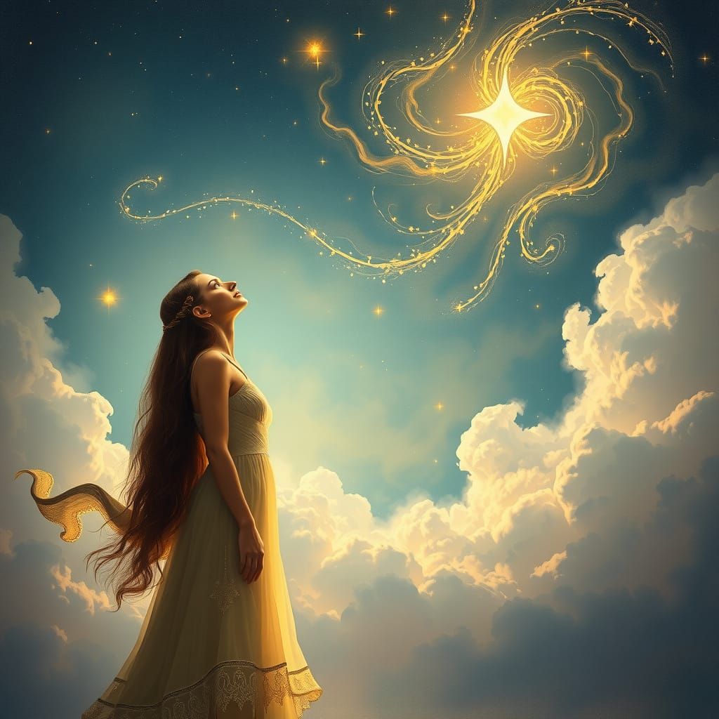 Enchanted Woman Gazing at the Cosmos in Dreamy, Symbolist St...