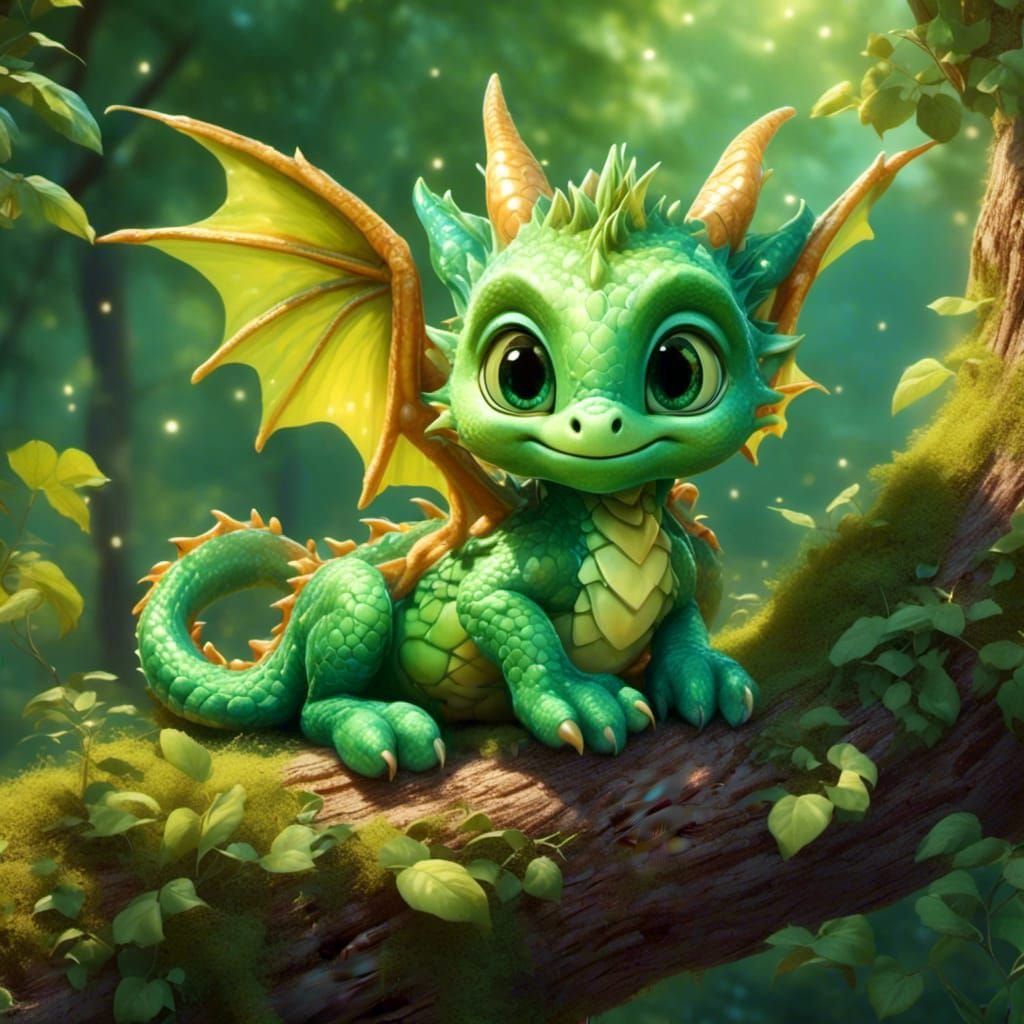 Adorable Green Dragon Hatchling in Magical Forest