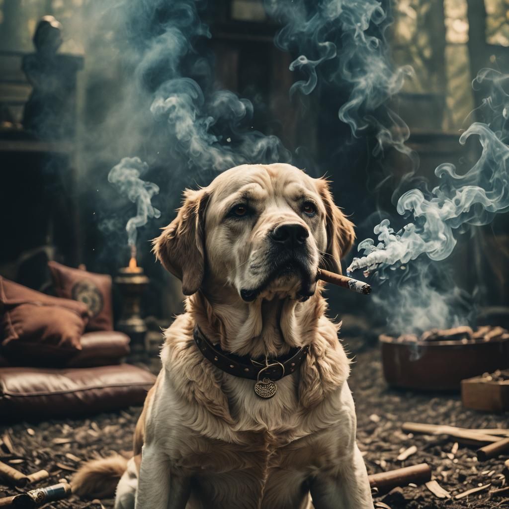 Dog God Smoking Cigar: Cinematic Film Still
