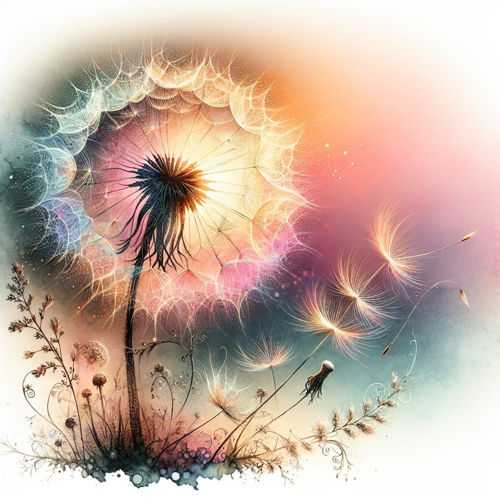 Delicate Watercolor Dandelion Ball Against Pastel Sunset