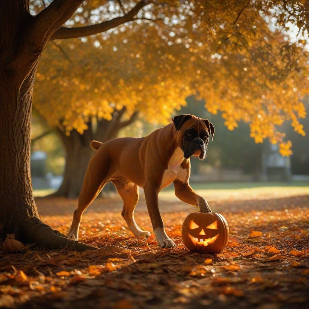 Surreal Boxer Carves Pumpkin Under Oak Tree