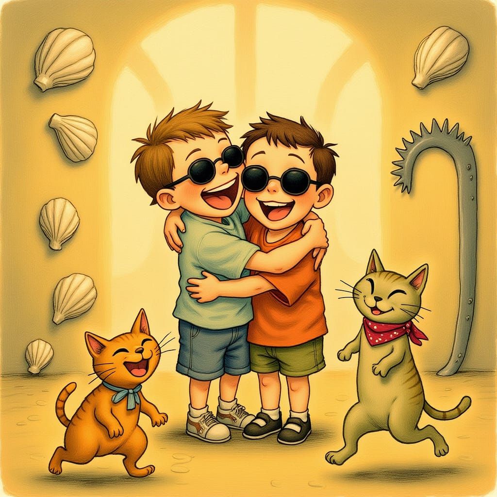 Two Boys Laughing in a Surreal, Whimsical World