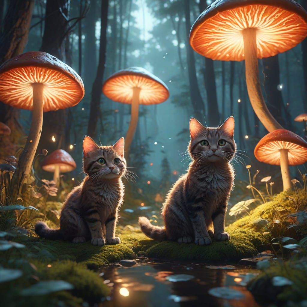 Whimsical Kittens in a Moonlit Forest