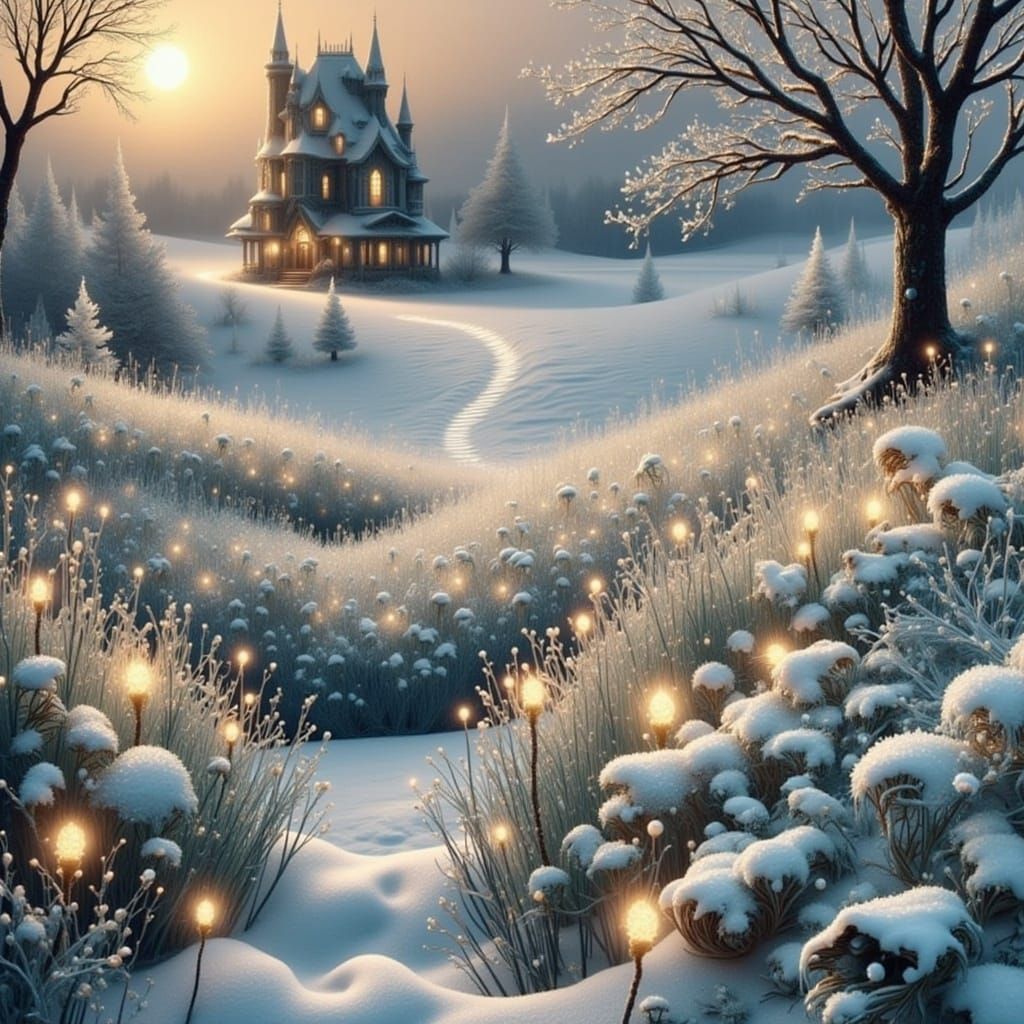 Snowy Selinum and Dipsacus in Watercolor Comic Style