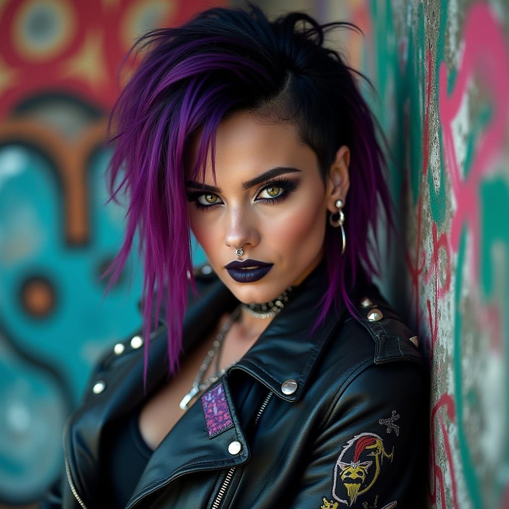 Rebellious Punk Woman with Bold Makeup and Graffiti Backgrou...