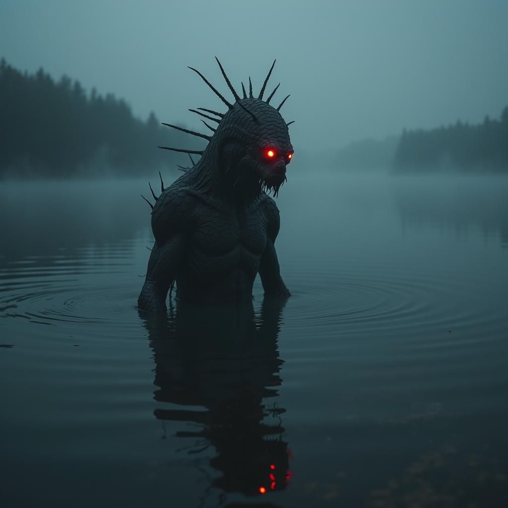 Eldritch Water Creature Emerges from Foggy Lake