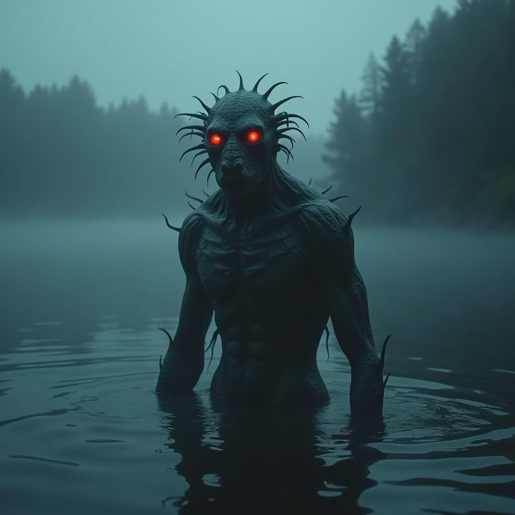 Lovecraftian Water Creature in Foggy Lake