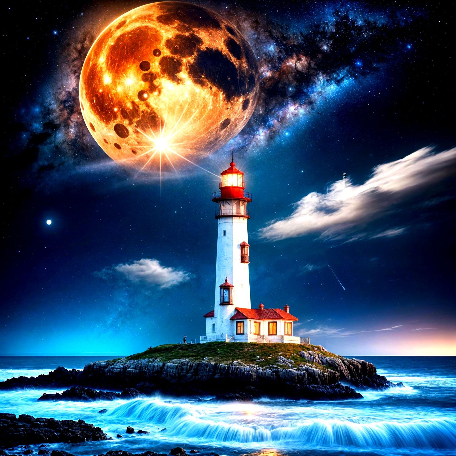 Lighthouse Under Milky Way with Full Moon