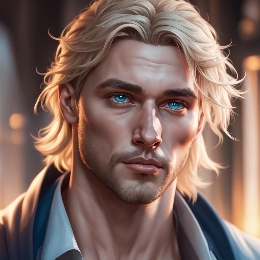 Handsome Blonde Man Portrait in Hyperdetailed Digital Art