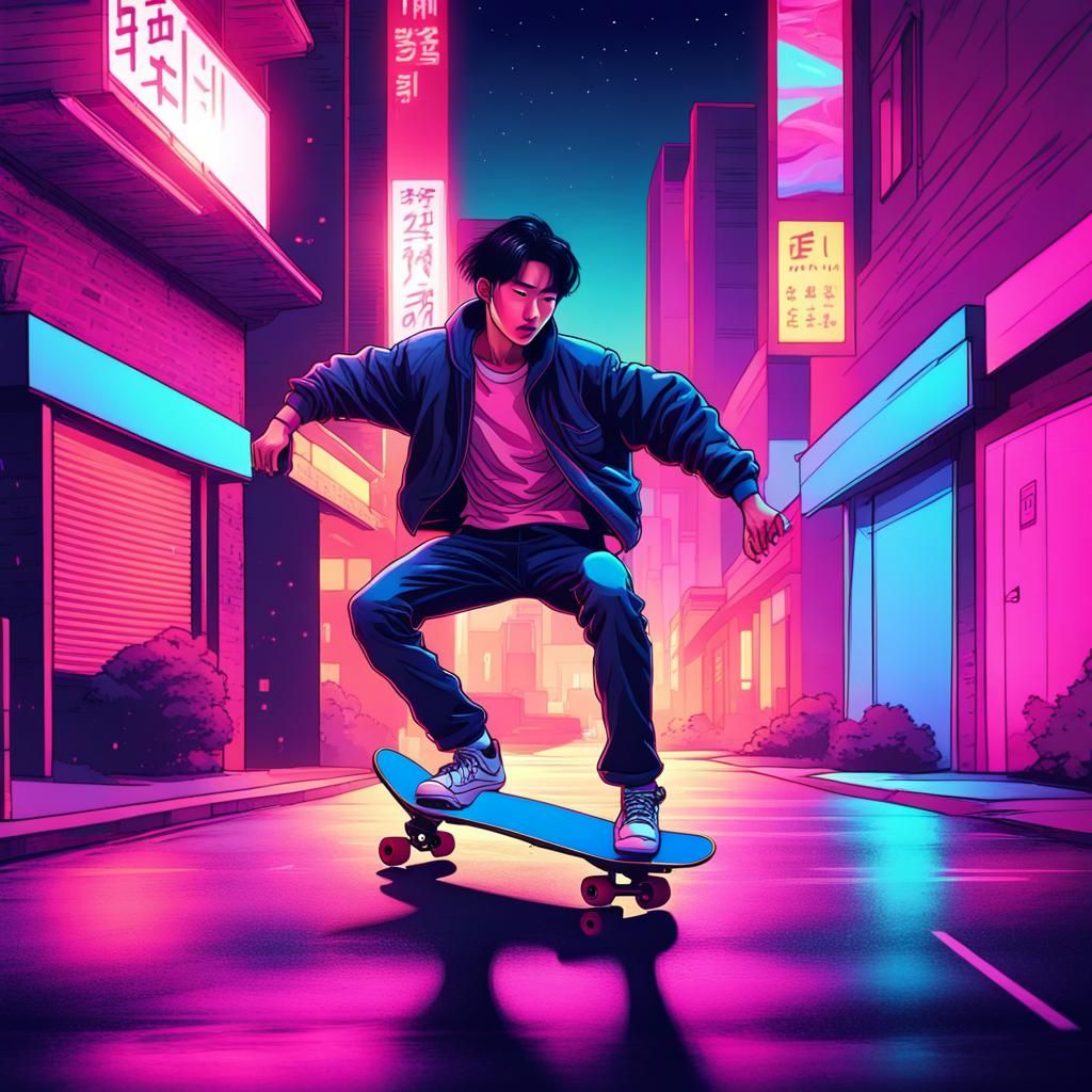 Korean Skateboarder in Neon Retro Cityscape