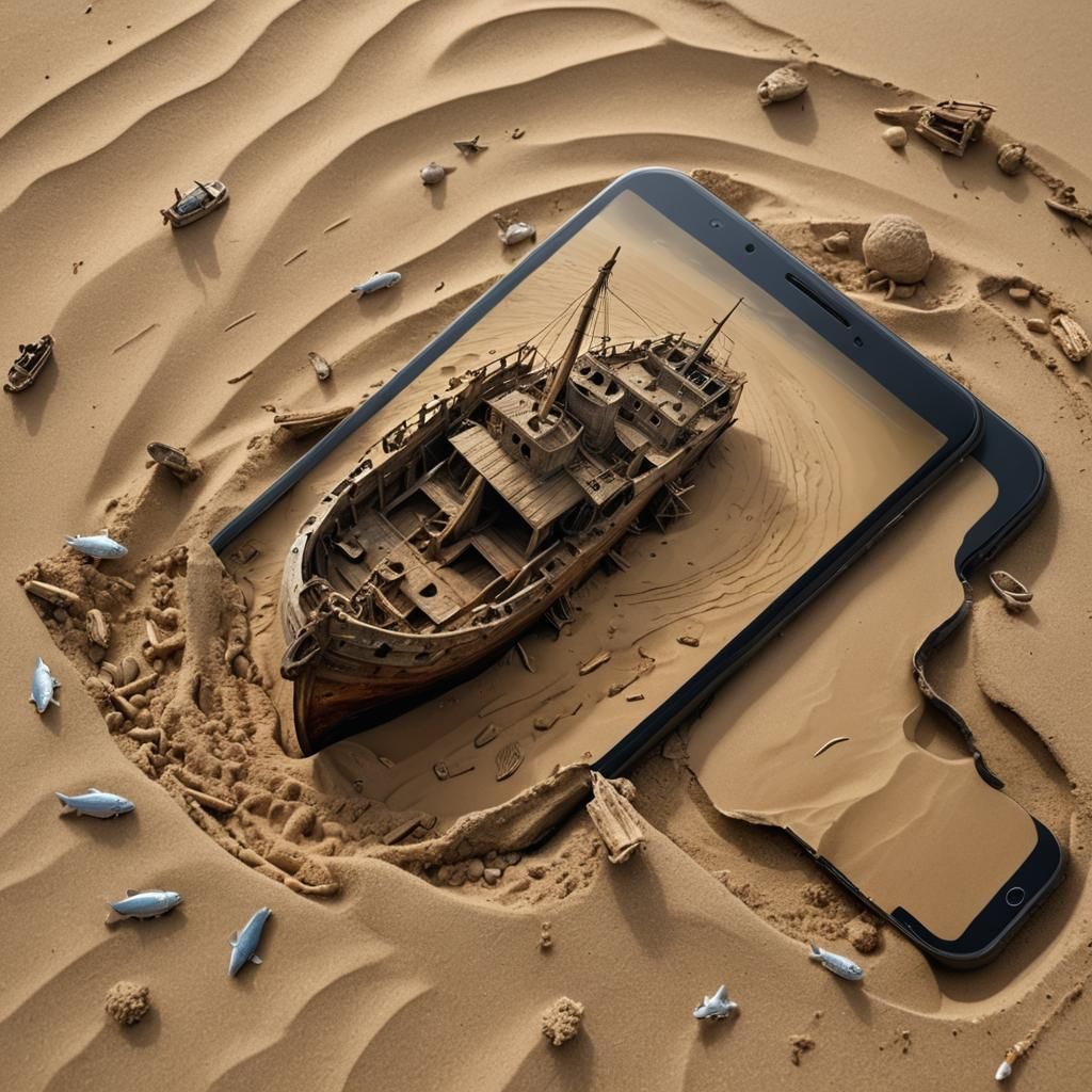 Shipwreck and Fish on Smartphone Screen: Realistic 8K Photo