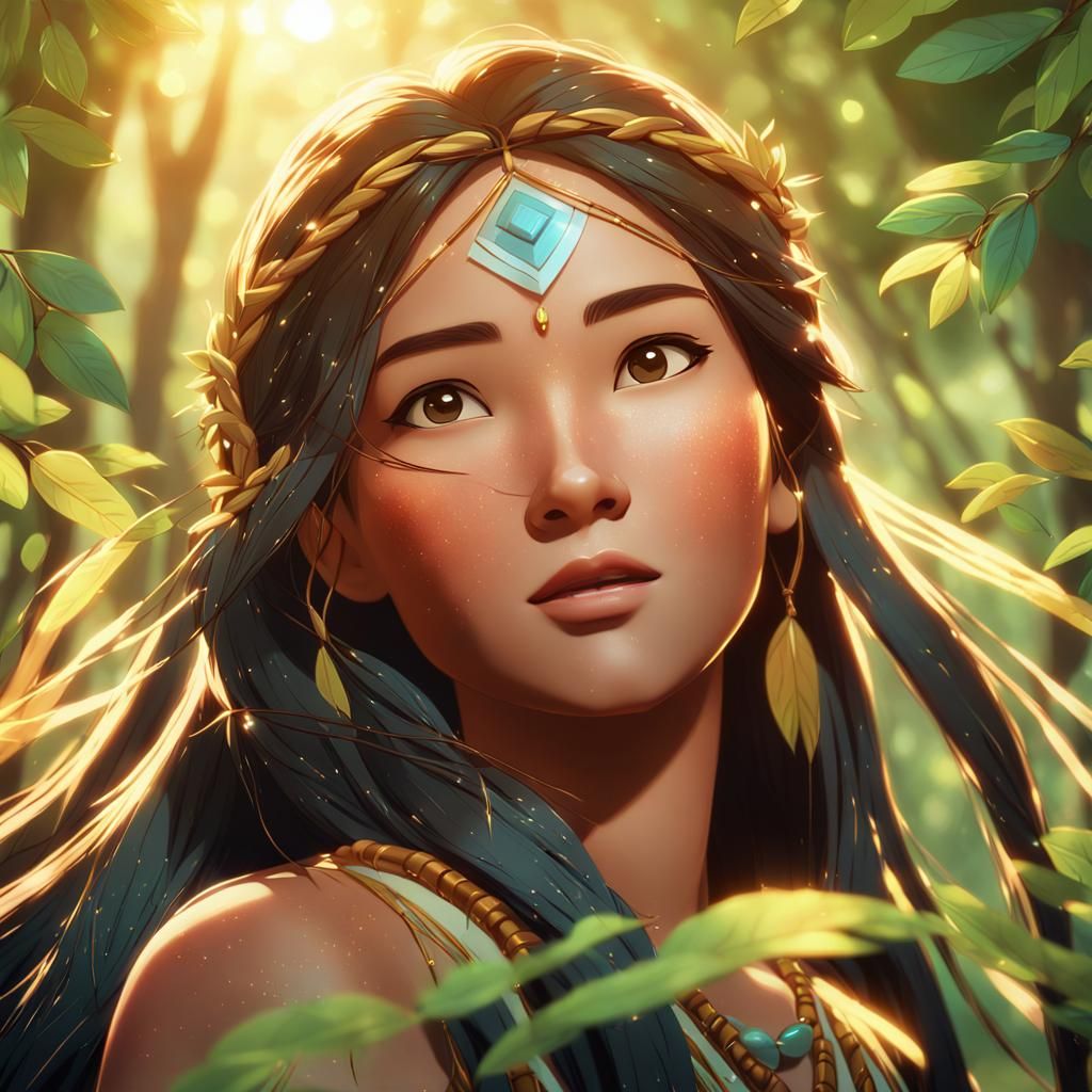 Anime Portrait of Pocahontas in Lush Greenery