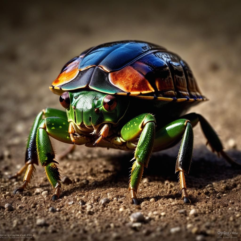 Frog Rides Scarab in Tiny Rodeo: Hyperrealistic Portrait