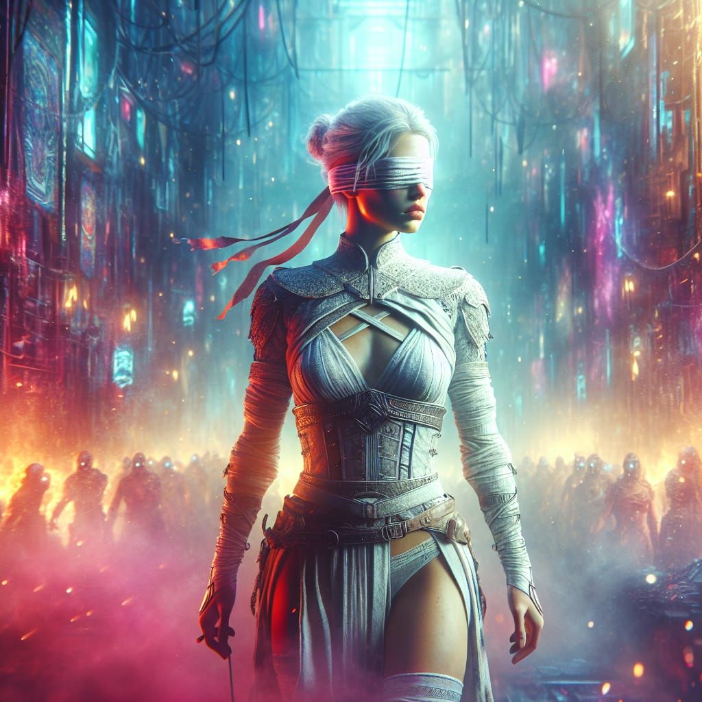 Courageous Blind Warrior Woman in Futuristic Realm