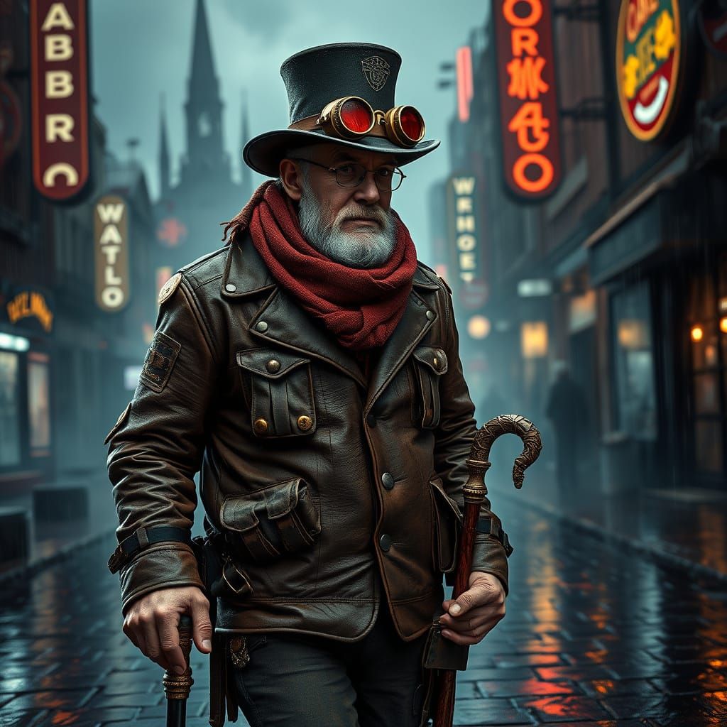 Weathered Post-Apocalyptic Explorer in Steampunk Attire
