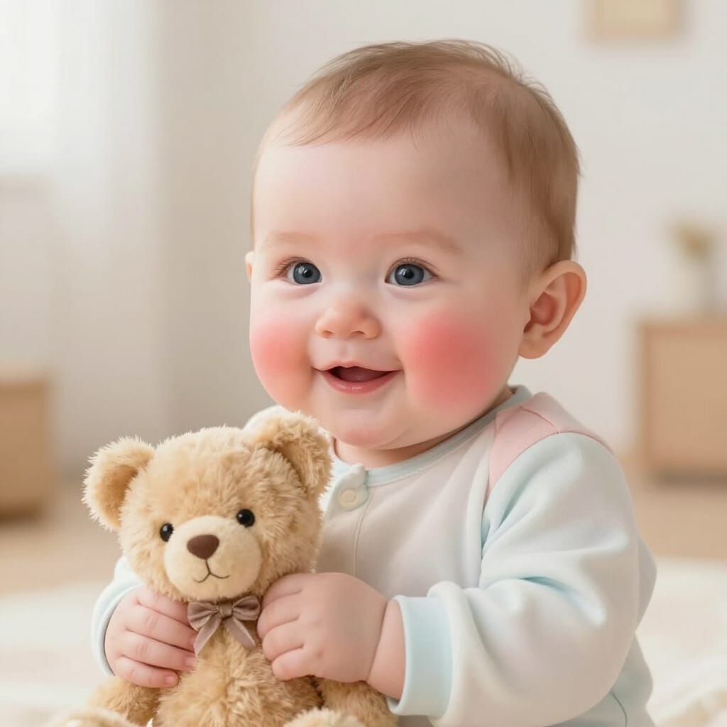 Charming Baby with Teddy Bear in Illustrative Style