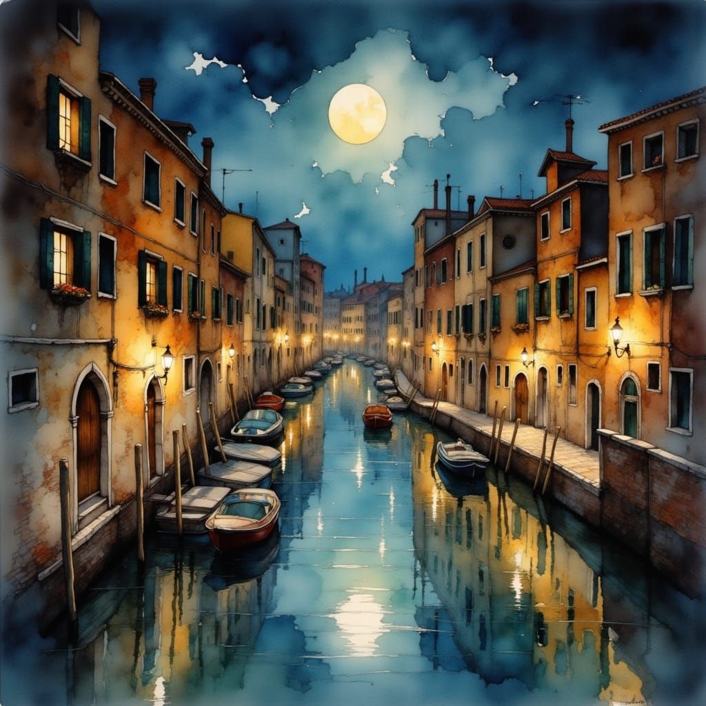 Venice Canal at Night: Painterly Style