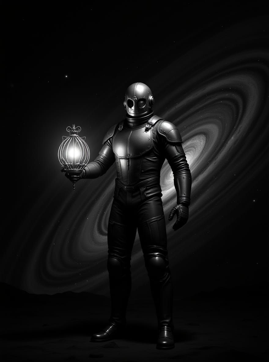 Astronaut Adrift in Nebula Holding Ethereal Lantern