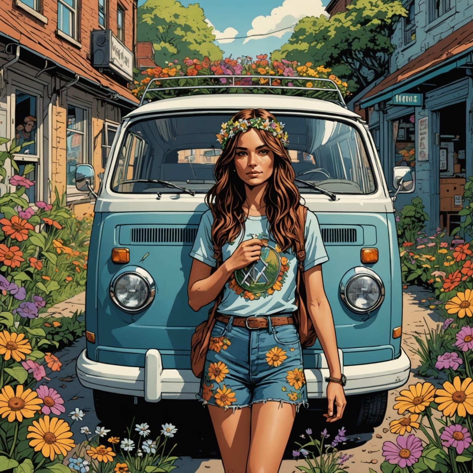 Hippy Girl with Flower VW Van in Comic Art Style
