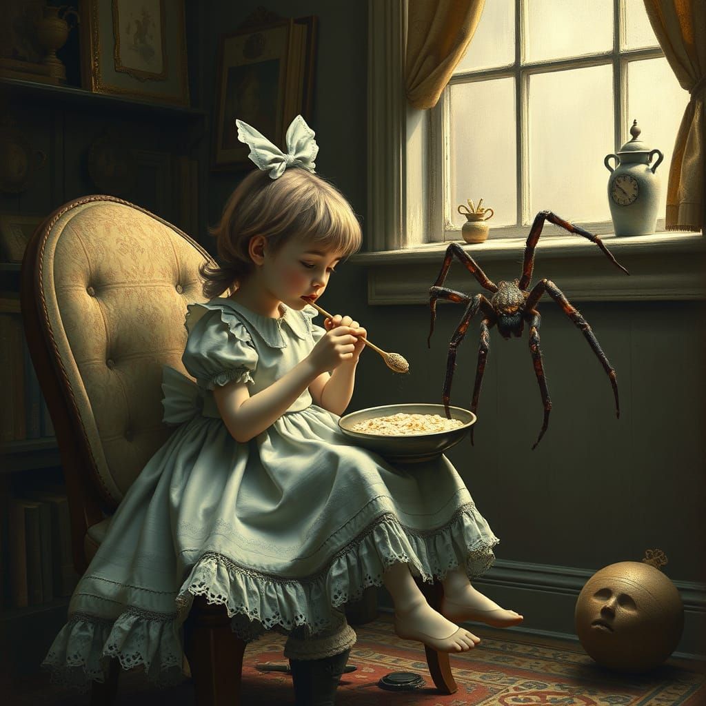 Little Miss Muffet Meets Spider in Surreal Detailed Art
