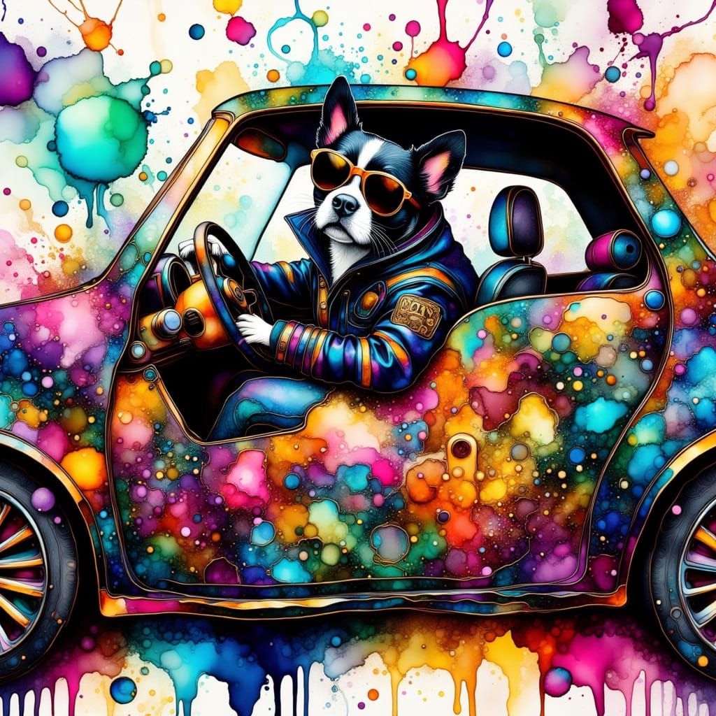 Boston Terrier Drives Neon Car in Dreamscape